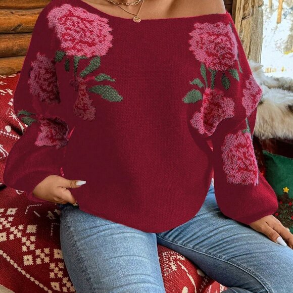 Multicolor Casual Women's Asymmetric Neckline Floral Print Long Sleeve Sweater - Picture 7 of 7